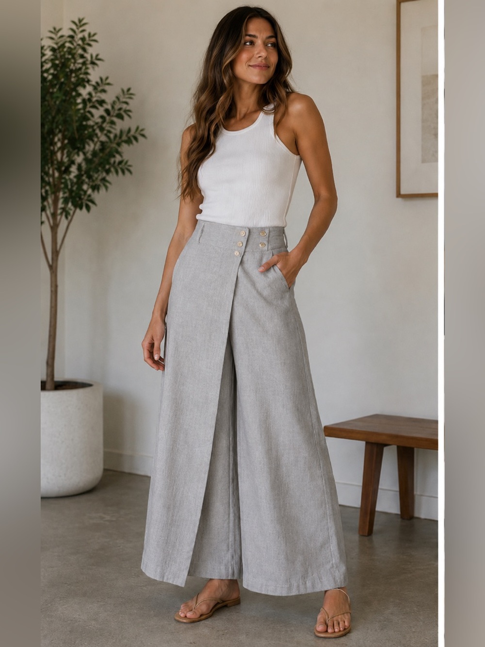 NWT Club Monaco Grey Wide-Leg Culottes with Button Accent